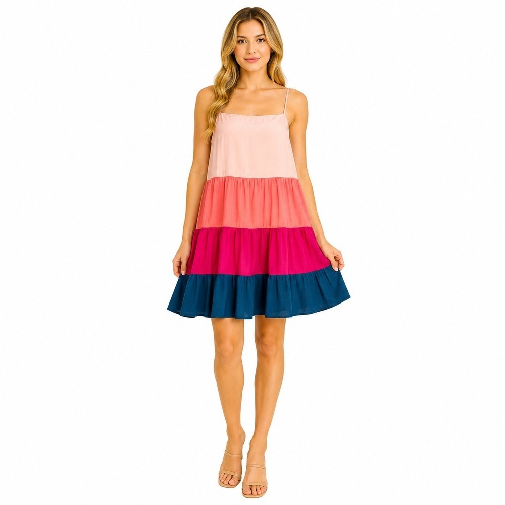 After Market Tiered Mini Dress Women Medium Pink Teal Colorblock Boho Summer